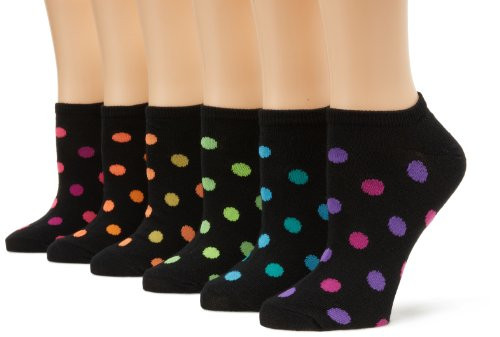 K- Bell Womens 6 Pack Fashion No Show Liner Socks  Black Dots  Shoe Size 4-10