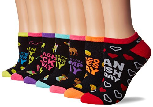 K- Bell Womens 6 Pack Novelty No Show Low Cut Socks  Days -Assorted-  Shoe Size 4-10