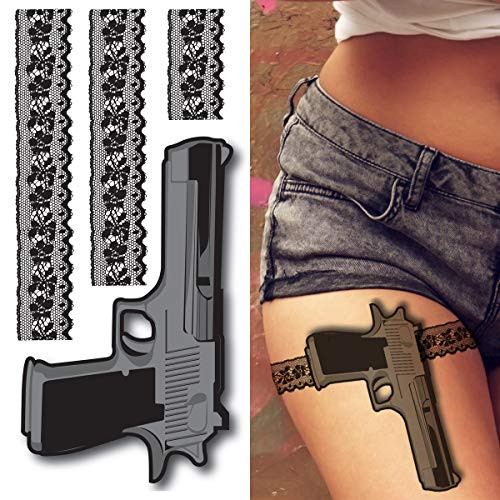 Supperb Temporary Tattoos - 3d Gun and Lace