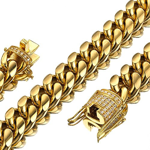 Mens Miami Cuban Link Chain 18K Gold 15mm Stainless Steel Curb Necklace with cz Diamond Chain Choker -18  Necklace-