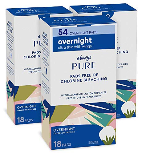 Always Pure Cotton and Chlorine-Free Feminine Pads with Wings for Women  Ultra Thin Overnight  Unscented  18 Count - Pack of 3 -54 Count Total-