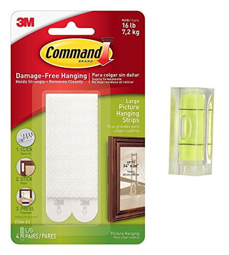 Command Picture and Frame Hanging Strips, Large, White, 4-Pairs (17206-ES) With Bubble Level Tool