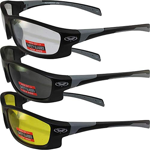 Global Vision 3 Pair Eyewear Hercules 5 Safety Glasses Matte Black Frame with Clear Smoke and Yellow Lenses Global Vision 3 Pair Eyewear Hercules 5 Safety Glasses Matte Black Frame with Clear Smoke and Yellow Lenses