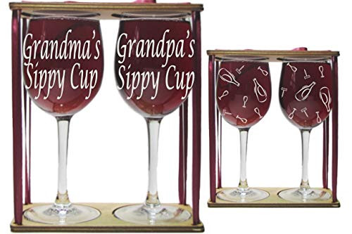 Grandmas and Grandpas Sippy Cups Engraved Wine Glasses with Charms
