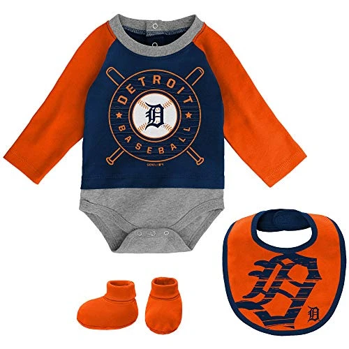 Outerstuff MLB Newborn Infants Dugout Dude Long Sleeve Creeper  Bib  Bootie Set -0-3 Months  Detroit Tigers-