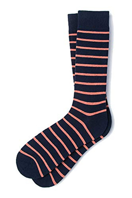 Mens Hipster Designer Classic Stripe Luxury Crew Dress Socks -Coral and Navy Blue-