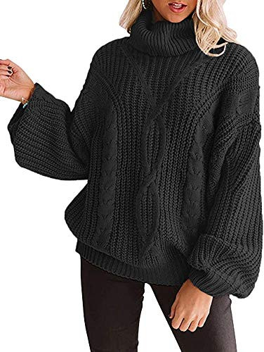 YUOIOYU Womens Long Sleeve Turtleneck Sweater Chunky Cable Knit Oversized Pullover Jumper Tops Black