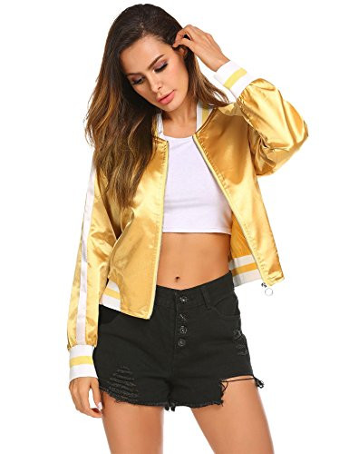 Zeagoo Womens Classic Solid Striped Biker Jacket Zip Up Fashion Bomber Jacket Coat -XL  Golden-