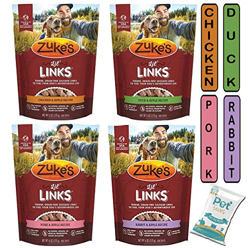 Pet Faves -4 Pack- Zuke Lil Links Dog Training Treats Variety Pack -6oz Each- - Chicken  Duck  Pork  Rabbit 10ct Pet Wipes