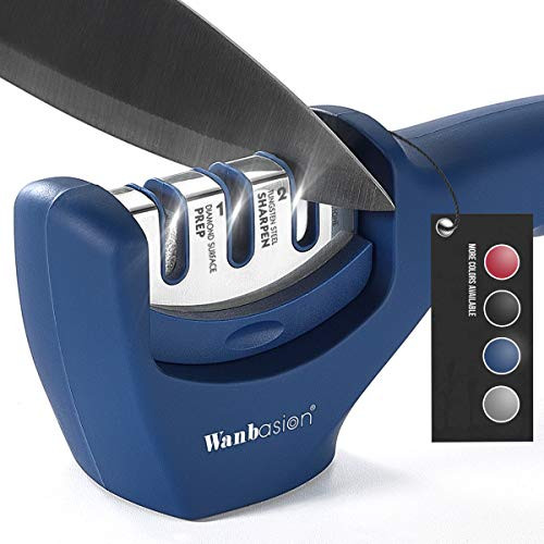 wanbasion Blue Kitchen Knife Sharpener Professional 3 Stages  Kitchen Knife Sharpener Manual Sharpening  Knife Sharpener for Kitchen Knives with Stain