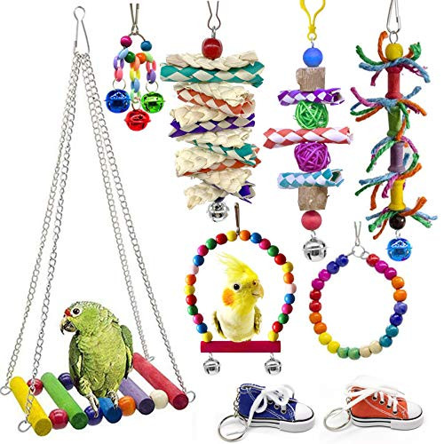 ZYP 9 Packs Bird Chewing Swing Toys Natural Parrot Shoes Hammock Hanging Bell Climbing Cage Toys for Parakeets Cockatiels Conures Finches Budgie ZYP 9 Packs Bird Chewing Swing Toys Natural Parrot Shoes Hammock Hanging Bell Climbing Cage Toys for Parakeets Cockatiels Conures Finches Budgie