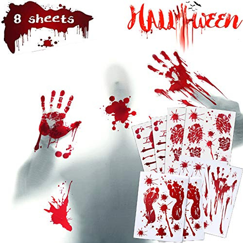 Scary Bloody Handprint Footprint Halloween Decorations 8PCS Windows Stickers Bloody Handprint Footprint Glass Sticker Scary Floor Decals Set for Adult