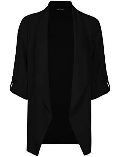 Michel Womens Open Front Blazer Casual 3-4 Roll UP Sleeve Cardigan Blazer Black Medium