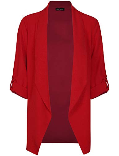 Michel Womens Open Front Blazer Casual 3-4 Roll UP Sleeve Cardigan Blazer Red Medium