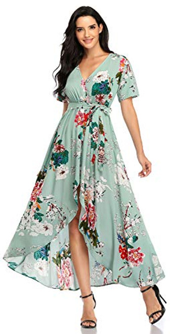 Floral Maxi Dress Long Flowy Dresses for Women Wrap High Low V Neck Beach Party Boho Short Sleeve Rayon Summer Dress