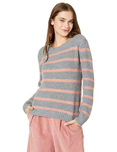 Jack by BB Dakota Juniors Leave it Open Stripe Crew Neck Sweater with Split Back  Light Heather Grey  Small
