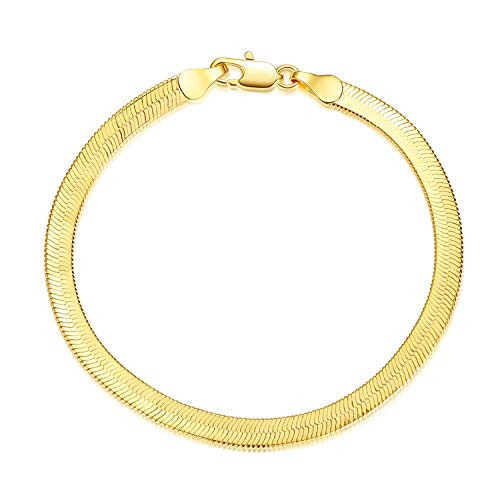 wowshow Real Gold Plated Snake Chain Bracelet 4-5MM Flat Herringbone Chain Link Bracelet for Women Teen Girls