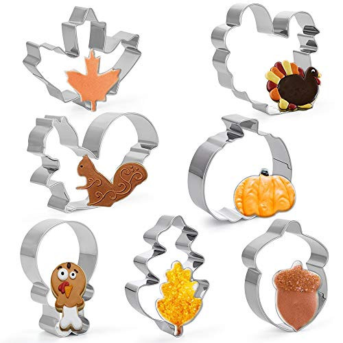 ZYTIN Fall Thanksgiving Cookie Cutters  7 Piece -Turkey Pumpkin Maple-Oak Leaf Squirrel and Acorn Shapes Stainless Steel Cookie Cutter Molds for Fonda