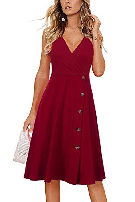 Brinkina Womens Sexy V Neck Spaghetti Strap Sundress Summer Midi Party Wedding Guest Dresses-XL  206-Burgundy- Brinkina Womens Sexy V Neck Spaghetti Strap Sundress Summer Midi Party Wedding Guest Dresses-XL  206-Burgundy-