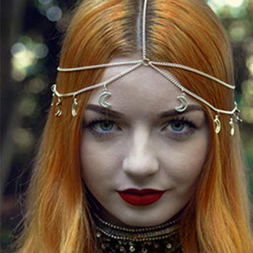 Dreamyn Vintage Halloween Moon Head Chain Jewelry Costume Crescent Hair Chain Layered Tassel Hair Accessory for Women and Girls -silver-