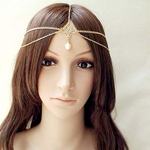 Dreamyn Boho Pearls Head Chain Gold Indian Pendant Hair Chain Halloween Layered Hair Jewelry for Women and Girls