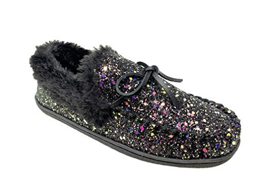 Clarks Womens Faux Fur Lined Moccasin House Shoe Indoor and Outdoor Slipper -8 M US  Black Glitter-