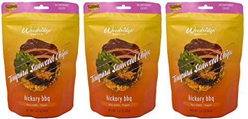 Woodridge Tempura Seaweed Chips Snack Pack of 3 - Non-GMO and Vegan - Lightly Battered and Tempura Fried Seaweed Chips -Hickory BBQ- Woodridge Tempura Seaweed Chips Snack Pack of 3 - Non-GMO and Vegan - Lightly Battered and Tempura Fried Seaweed Chips -Hickory BBQ-