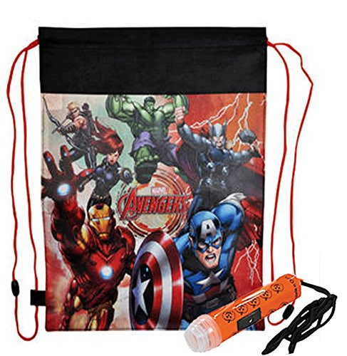 UPD Marvel Avengers Inspired Boys Resuable Drawstring Halloween Trick or Treat Loot Bag Plus Bonus Safety First Mini Halloween Flashlight Necklace