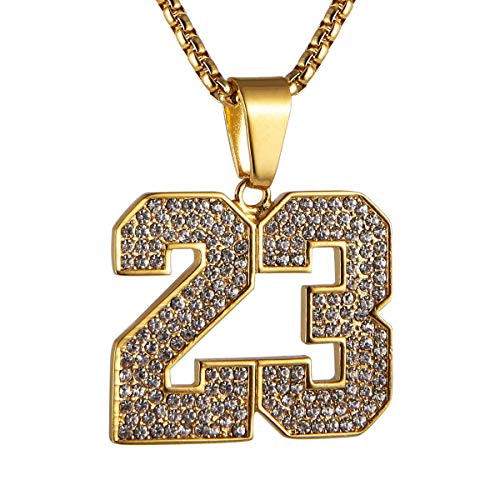 AsAlways 18K Gold Plated Cubic Zirconia Number 23 Basketball Pendant Necklace Men Women Stainless Steel Box Link Chain 22-2 Inch