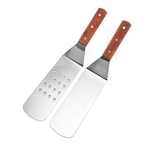 LokiLux Grill Spatula Stainless Steel Grill Turner Spatula Wood Pancake Turner Spatula-Mental Hamburger Turner-Teppanyaki Spatulas Griddle Spatula Kit