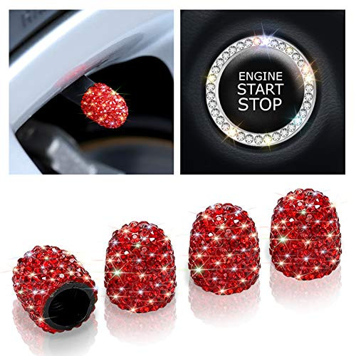 Otostar 4 Pack Valve Stem Caps Universal Bling Car Accessories Crystal Tire Valve Caps for Vehicle Bicycle with Bling Engine Start Button Decoration -
