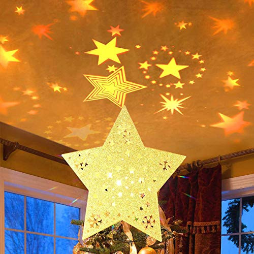 MAOYUE Christmas Tree Topper Lighted with LED Star Projector Lights  Lighted Star Tree Topper for Christmas Tree Decorations  Golden