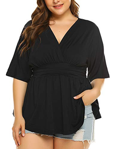 INVOLAND Womens Plus Size Blouse V Neck Wrap Front Drape Tunic Tops Short Sleeve Pleated Waist Shirt Black