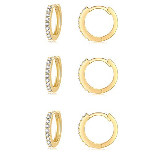 Gold Hoop Earrings for Women  3 Pairs 8mm Small Sterling Silver Huggie Earrings - Tiny Cubic Zirconia Cartilage Cuff Earrings Hoop Piercing Jewellery