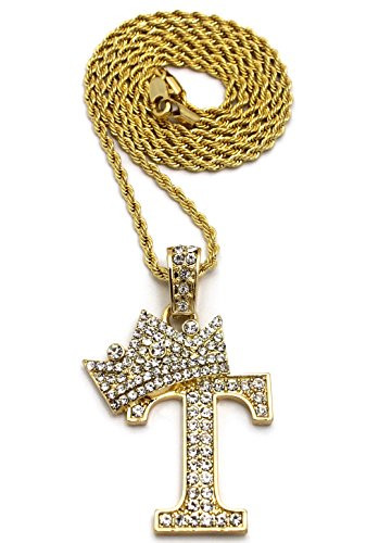 Crown Gold-Tone Stone Studded King Initial Letters Pendant 24 Rope Chain Necklace -Gold-T-