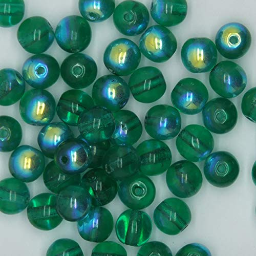 6mm Glass Beads Emerald Green Czech Rainbow Iris Round Druks