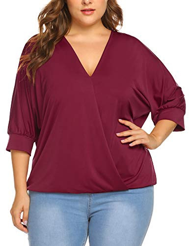 INVOLAND Women Plus Size Tops-Wrap Blouse V Neck Front Drape Tops Casual Loose Shirt -16W-24W-