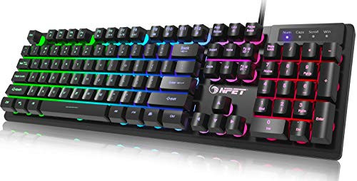 NPET K10 Gaming Keyboard USB Wired Floating Keyboard  Quiet Ergonomic Water-Resistant Mechanical Feeling Keyboard  Ultra-Slim Rainbow LED Backlit Keyb