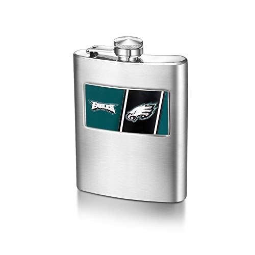 Pro Specialties Group NFL Philadelphia Eagles 8-Ounce Matte Finished Stainless Steel Hip Flask with Rectangular Team Emblem and Funnel  Silver  5 1-4