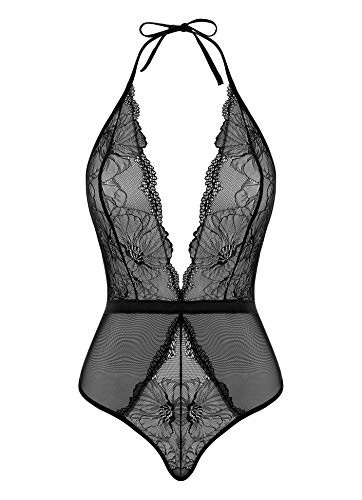 Joyaria Womens Sexy Lace Snap Crotch Thong Teddy Lingerie Bodysuit Black Small