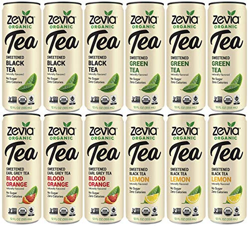 ZEVIA Mix Pack -12 Count- Organic Black Tea  Black Lemon Tea  Green Tea  Earl Grey Blood Orange Tea- ZERO Calories  No Artificial Sweeteners