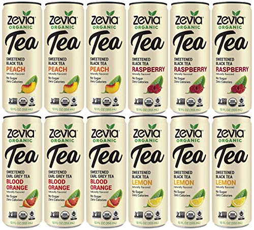 ZEVIA Mix Pack -12 Count- Organic Black Tea Peach  Black Raspberry Tea  Blood Orange  Black Lemon Tea- ZERO Calories  No Artificial Sweeteners