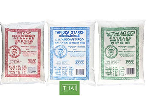THAI ESSENTIALS PACK 3 of Thai Rice Flour  Dried Sweet Glutinous Rice Flour  and Tapioca Flour 1 lbs each