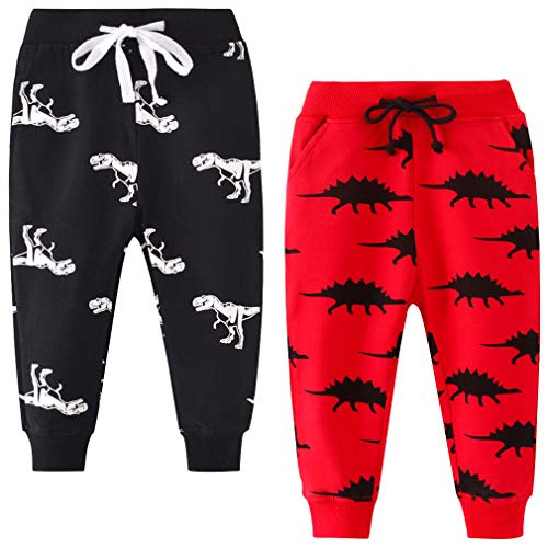 Toddler Boys Dinosaur 2T Jogger Pants Little Boys Drawstring Elastic Waist Cotton Casual 2T Sweatpants 2 Pack Set Black Red 2T