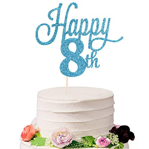 Eiveny Glittering Blue Happy 8th Birthday Cake Topper - Cheers to 8 Years Old  8 Years Old Party Supplies Decoration -8th-