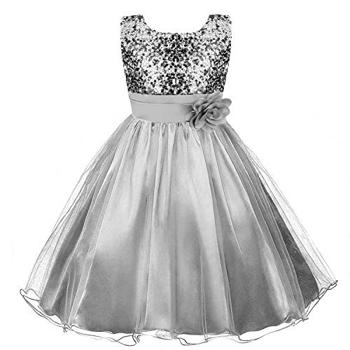 Acecharming Wedding Flower Girls Dress  Sequin Sleeveless Lace Dress for 3-12 Years Old Girls -Silver Gray-