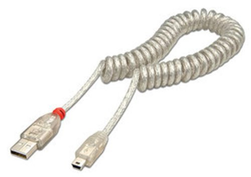 Lindy 2m USB 2.0 Coiled Cable, Type A to mini B, Transparent (31925)