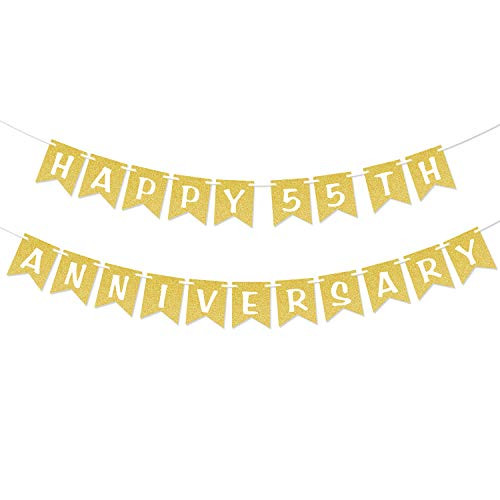 Happy 55th Anniversary Gold Glitter Banner Anniversary Wedding Party Decorations Fifty Five 55 Celebration Party Hanging Sign Photo Booth Props