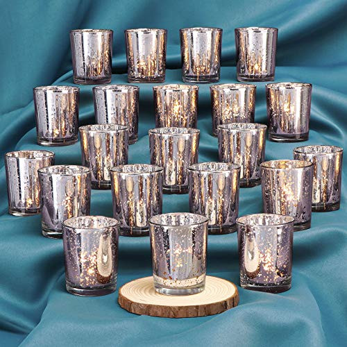 DEVI Silver Votive Candle Holders-24pcs-- Mercury Glass Tealight Candle Holder Bulk- Centerpieces for Wedding Table Party and Home Decor