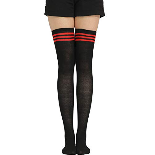Womens Casual Athlete Striped Over Knee Thin Thigh High Tights Long Stocking Socks -Black-Red Stripe-